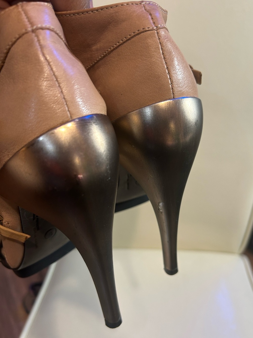 AllSaints Two-Tone Strappy Heels in Tan&Black Leather w Metallic Rose Heel